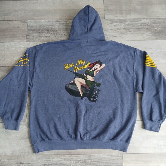 Grunt Style XXL Mens Blue Pullover Hoodie Kiss My Arsenal Pinup Girl Patriotic - Picture 1 of 10